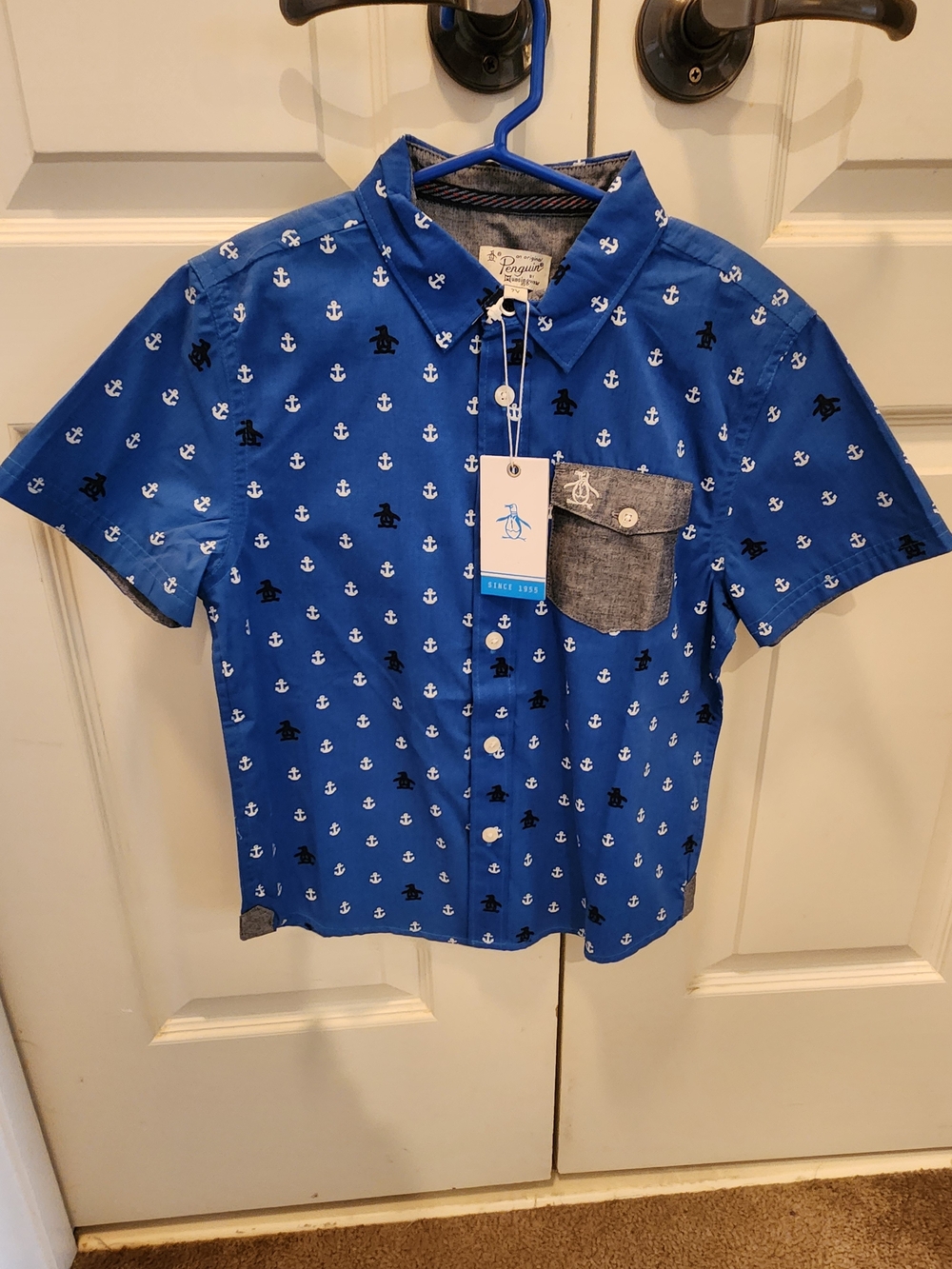 Original Penguin Blue Anchor-Print Short Sleeve Button-Down